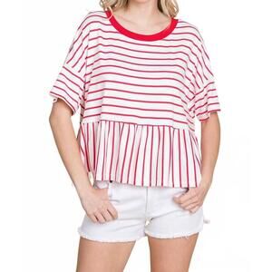 NEW EMERALD COLLECTION striped babydoll short sleeve top in coral